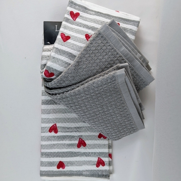 Kitchen Towel Set Of Four (4) Hearts & Stripes  On White (2) Solid Grey NWT - Picture 5 of 10